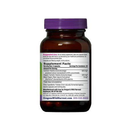 Oregon's Wild Harvest Turmeric supplement facts panel listing ingredients, dosage, and serving size