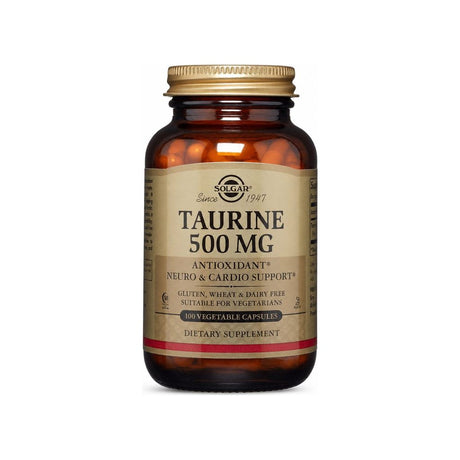 Solgar Taurine 500 mg 100 Vegetable Capsules front bottle label