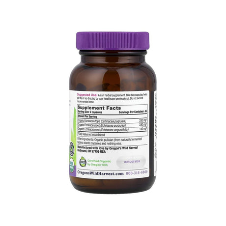 Oregon's Wild Harvest Echinacea supplement facts panel listing ingredients, dosage, and serving size