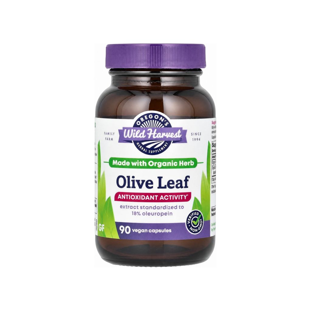 Oregon's Wild Harvest Olive Leaf 90 capsules front bottle with USDA Organic and Non-GMO badges