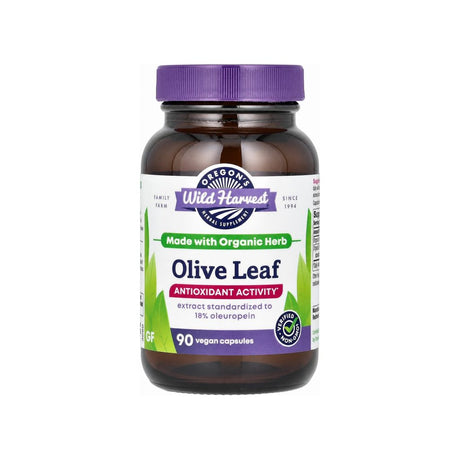 Oregon's Wild Harvest Olive Leaf 90 capsules front bottle with USDA Organic and Non-GMO badges