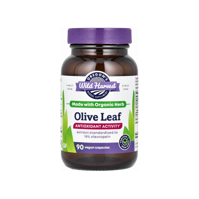 Oregon's Wild Harvest Olive Leaf 90 capsules front bottle with USDA Organic and Non-GMO badges