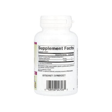 Natural Factors Black Elderberry Extract supplement facts panel listing ingredients, dosage, and serving size