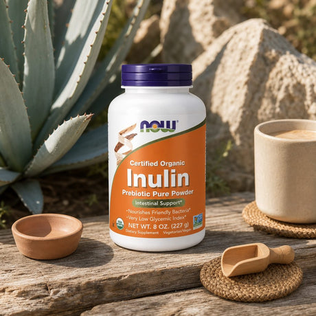NOW Foods Inulin Prebiotic Pure Powder 8 oz side label with directions and cautions