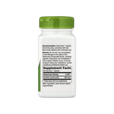 Nature's Way Feverfew Herb supplement facts panel listing ingredients, dosage, and serving size