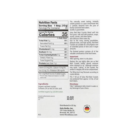 Gaia Herbs Salus Red Beet Crystals supplement facts panel listing ingredients, dosage, and serving size