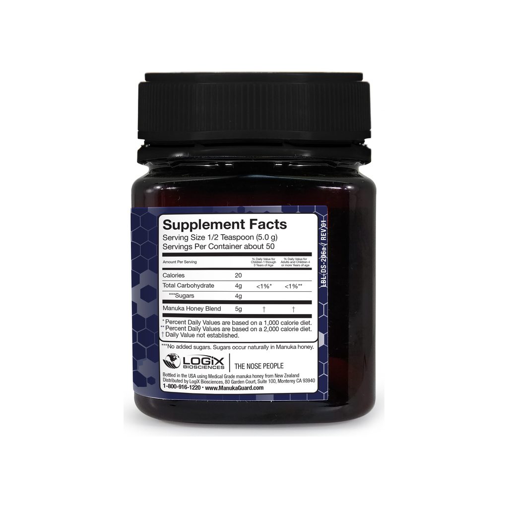 ManukaGuard Throat Soother supplement facts panel listing ingredients, dosage, and serving size