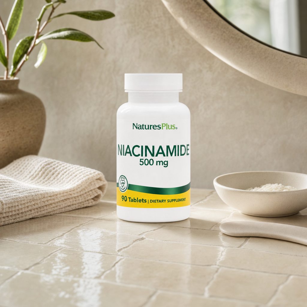 NaturesPlus Niacinamide 500 mg bottle with supplement highlights