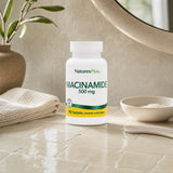 NaturesPlus Niacinamide 500 mg bottle with supplement highlights