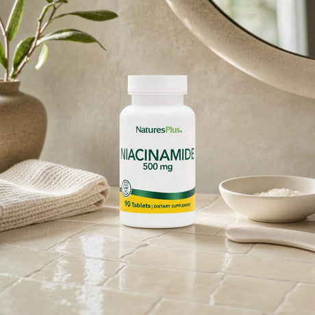 NaturesPlus Niacinamide 500 mg bottle with supplement highlights
