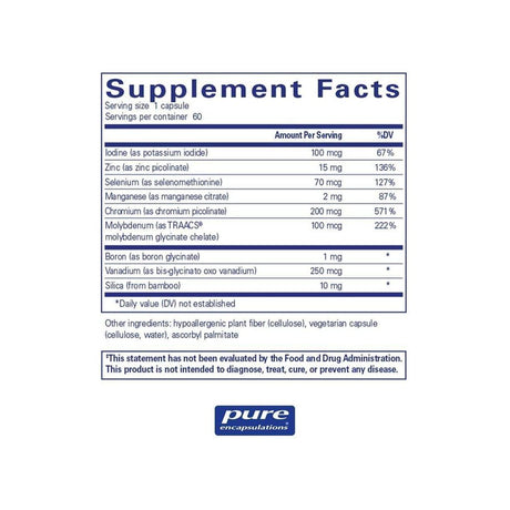 Pure Encapsulations Trace Minerals supplement facts panel listing ingredients, dosage, and serving size