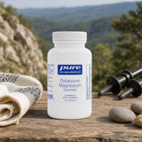 Pure Encapsulations mineral aspartate supplement bottle on a kitchen counter with capsules