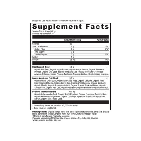 Ancient Nutrition Organic SuperGreens Bloat Relief supplement facts panel with ingredients and serving size