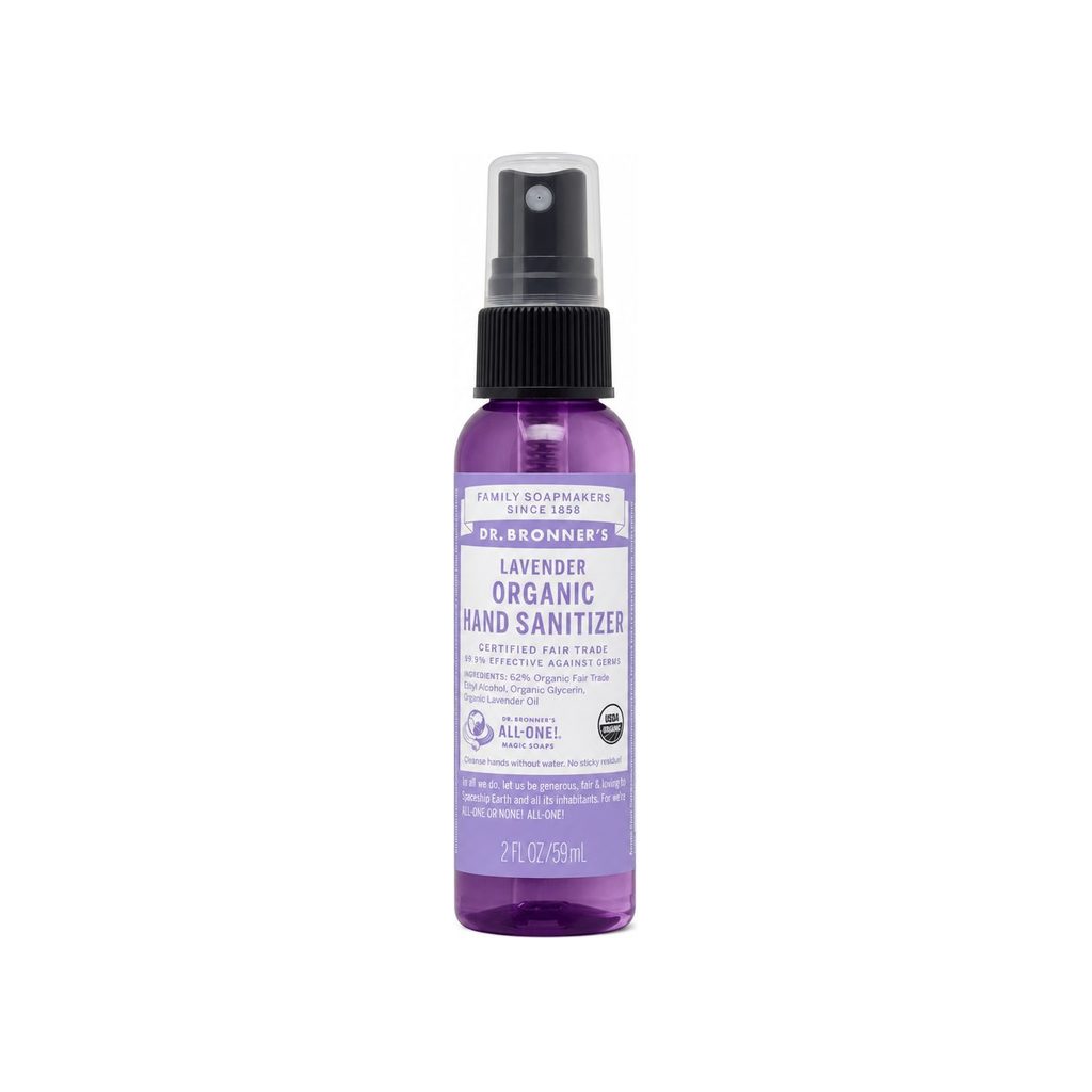 Dr. Bronner's Lavender Hand Sanitizer Spray 2 fl oz front bottle