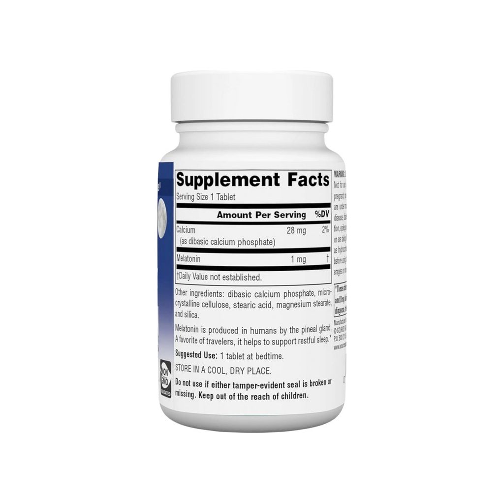 Source Naturals Sleep Science Melatonin 1 mg supplement facts panel listing dosage and ingredients