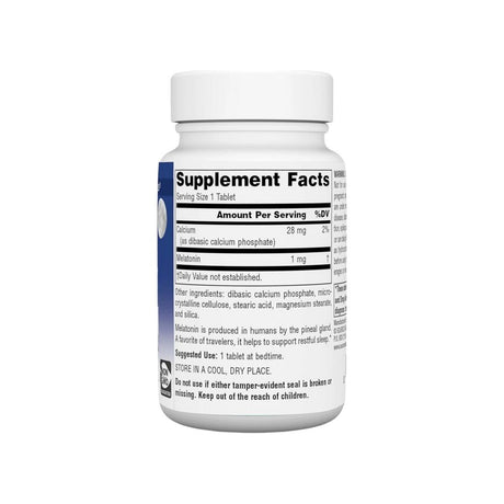 Source Naturals Sleep Science Melatonin 1 mg supplement facts panel listing dosage and ingredients