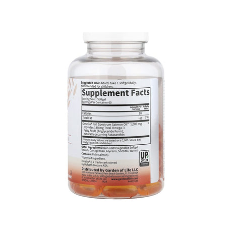 Garden of Life Norwegian Salmon Oil supplement facts panel listing ingredients, dosage, and serving size