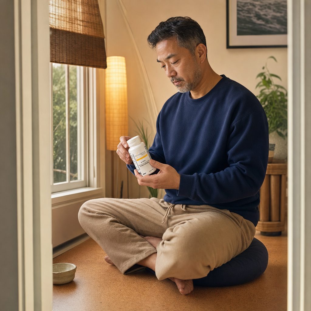 Integrative Therapeutics 5-HTP 50 mg 60 capsules bottle in a bedtime routine scene