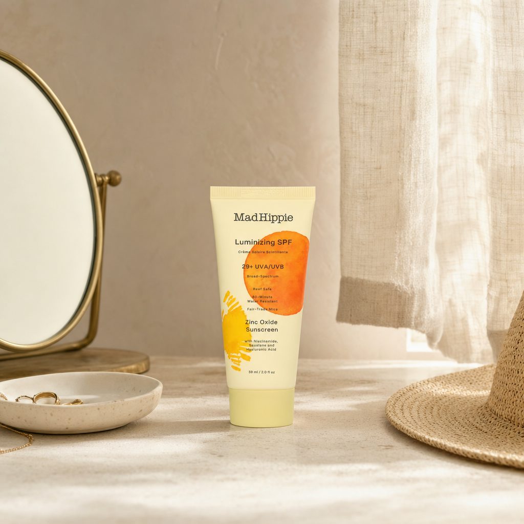 Woman applying Mad Hippie Luminizing Facial SPF in a bright skincare routine scene