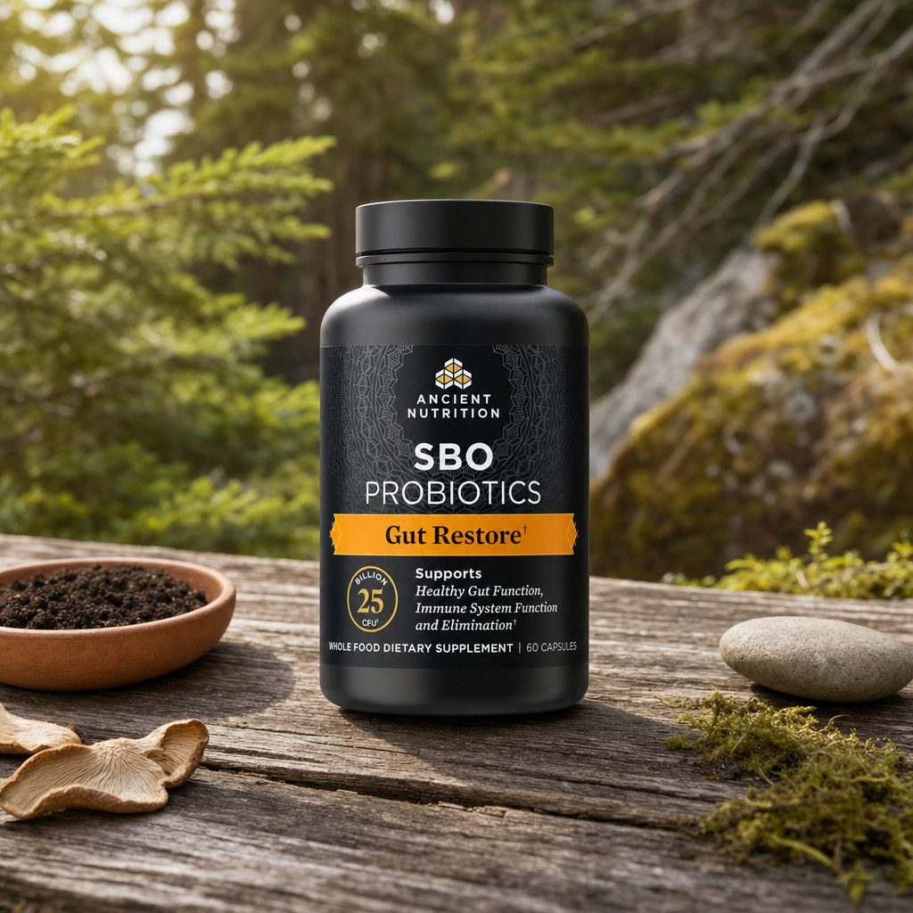 Ancient Nutrition Gut Restore SBO Probiotic bottle with capsules in a home wellness scene
