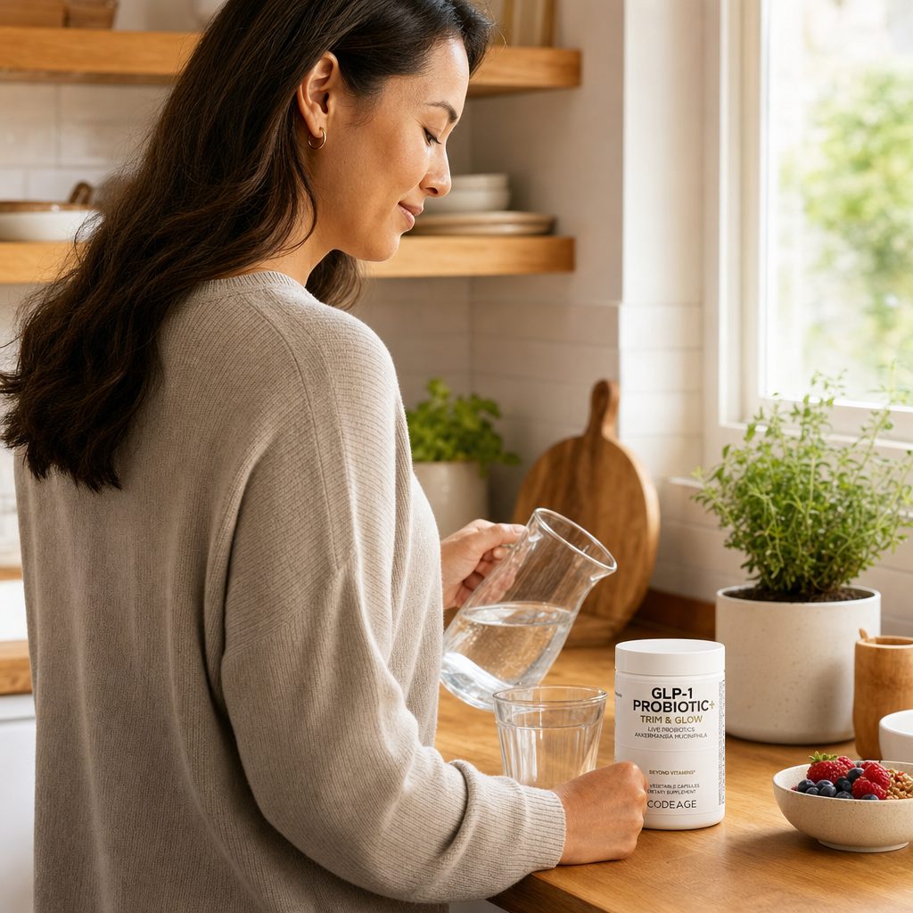 Person in a kitchen pouring water into a glass beside the Codeage GLP-1 Probiotic+ Trim & Glow bottle on a wood counter