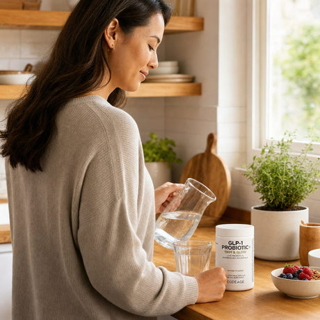 Person in a kitchen pouring water into a glass beside the Codeage GLP-1 Probiotic+ Trim & Glow bottle on a wood counter