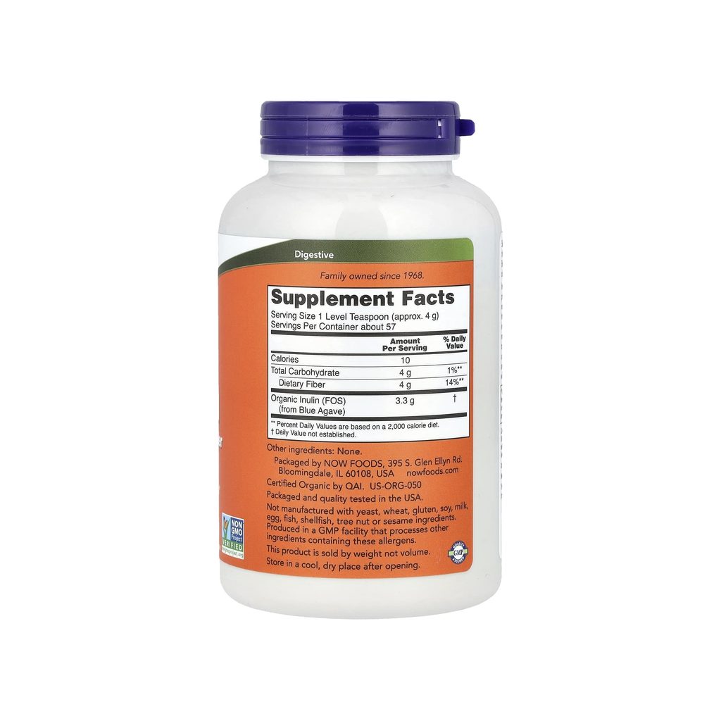 NOW Foods Inulin Prebiotic Pure Powder supplement facts panel listing fiber, inulin, and serving size