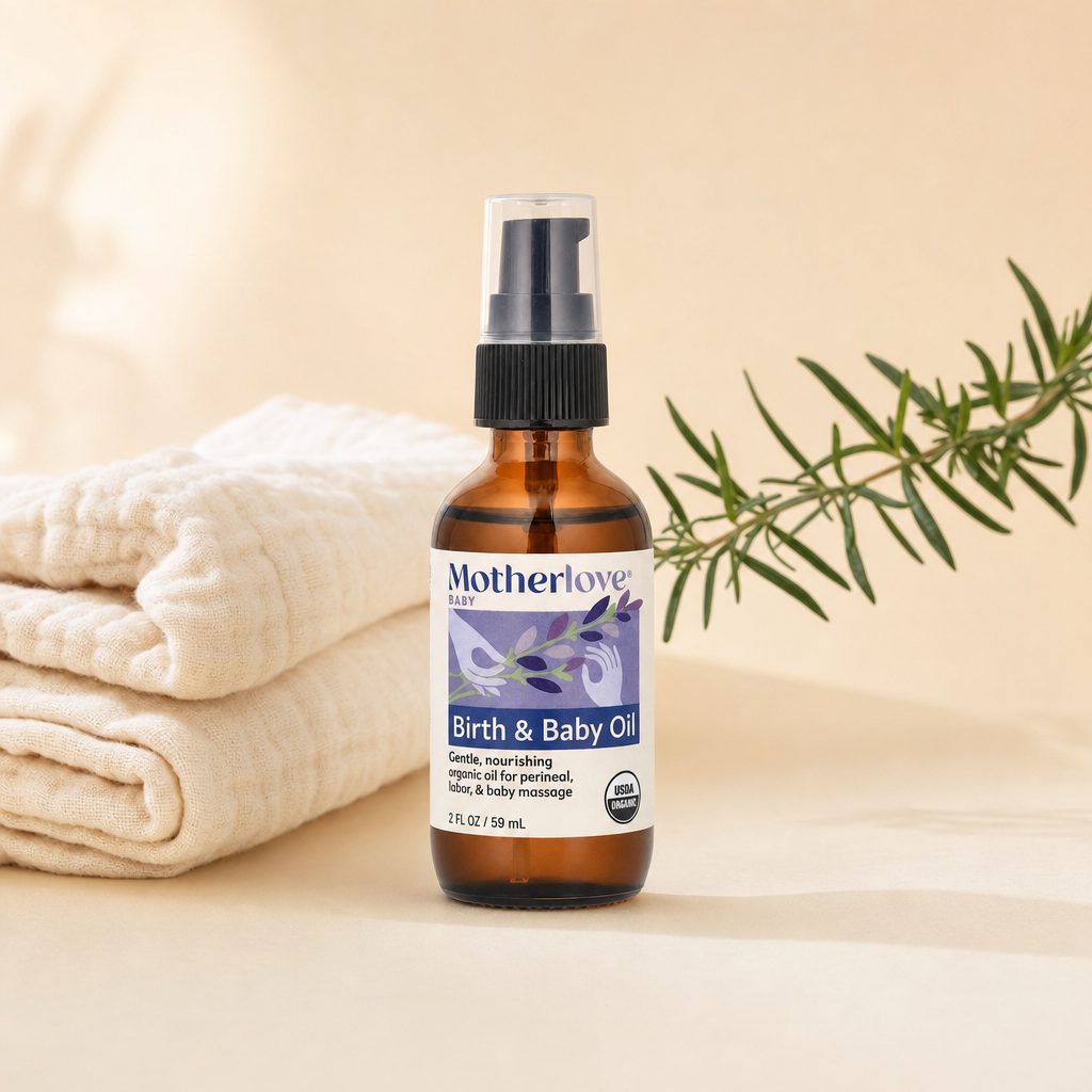 Motherlove Birth & Baby Oil lifestyle scene with baby care items on a soft nursery surface