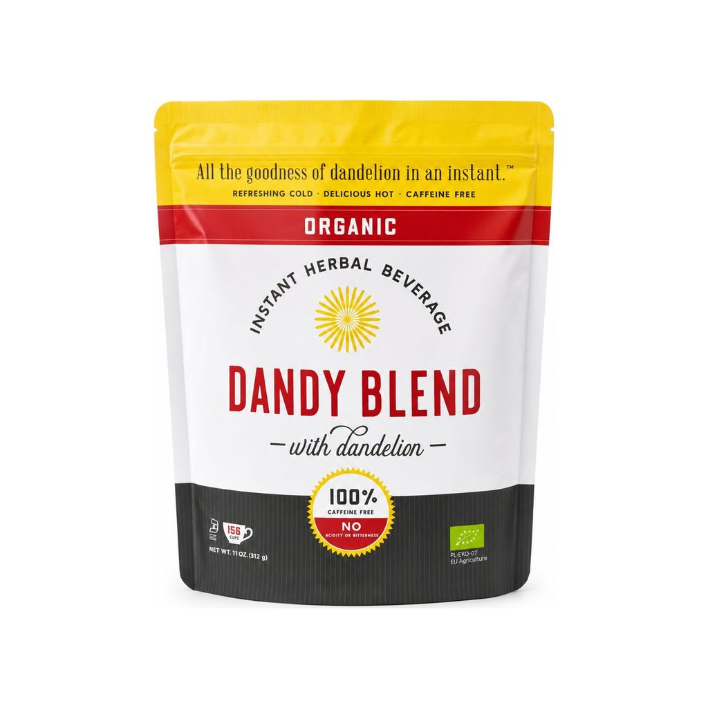 Dandy Blend Organic Instant Herbal Beverage 11 oz front bag with 100% caffeine free label