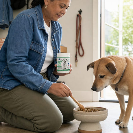 Vital Planet Flora Dog Probiotic Powder jar beside a dog food bowl for daily mixing