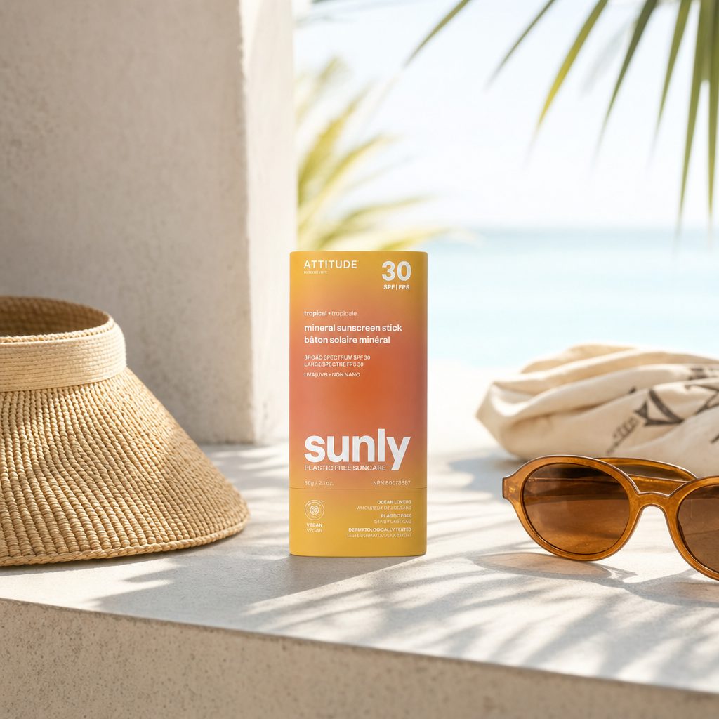 Attitude Mineral Sunscreen Stick SPF 30 Tropical texture swatch showing mineral sunscreen formula