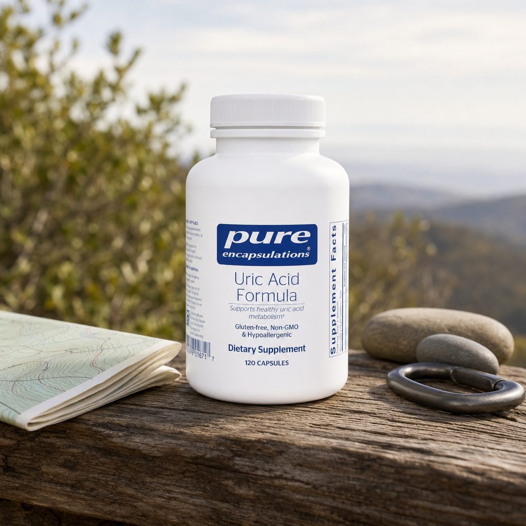 Pure Encapsulations Uric Acid Formula 120 capsules bottle on a neutral countertop