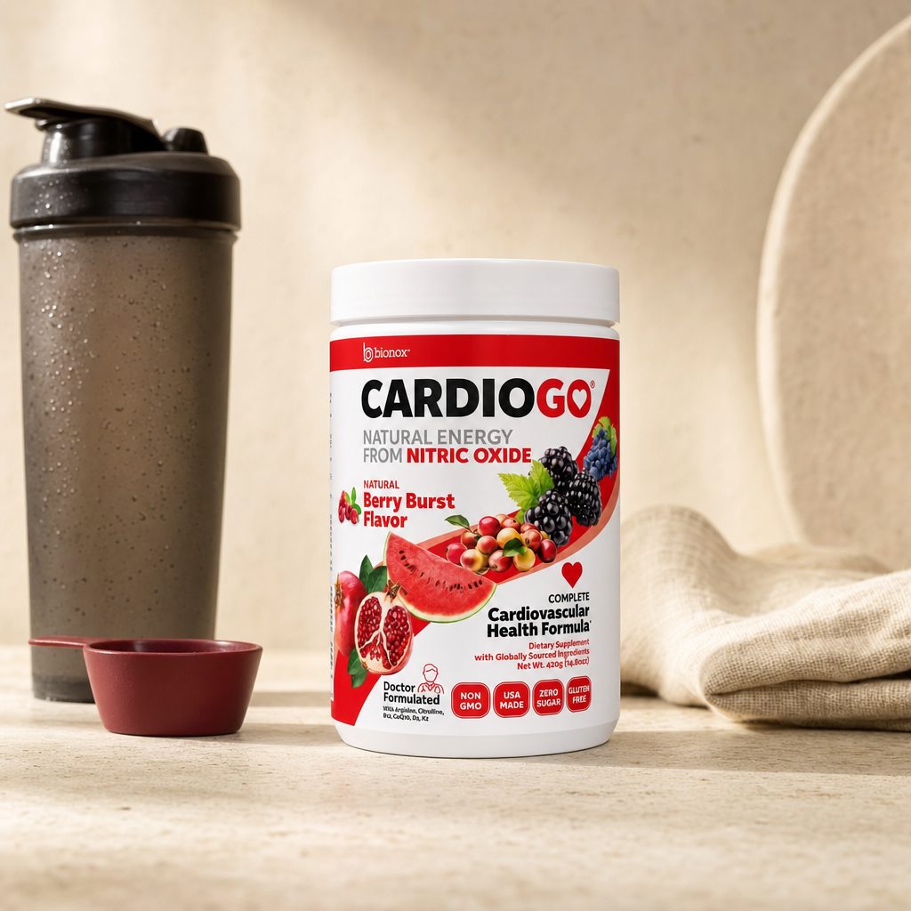 Bionox CardioGO Berry Burst product panel with nitric oxide and cardiovascular formula details