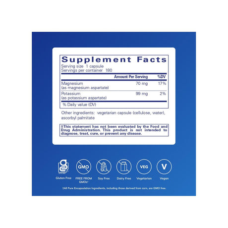 Pure Encapsulations Potassium Magnesium supplement facts panel with ingredients and serving size