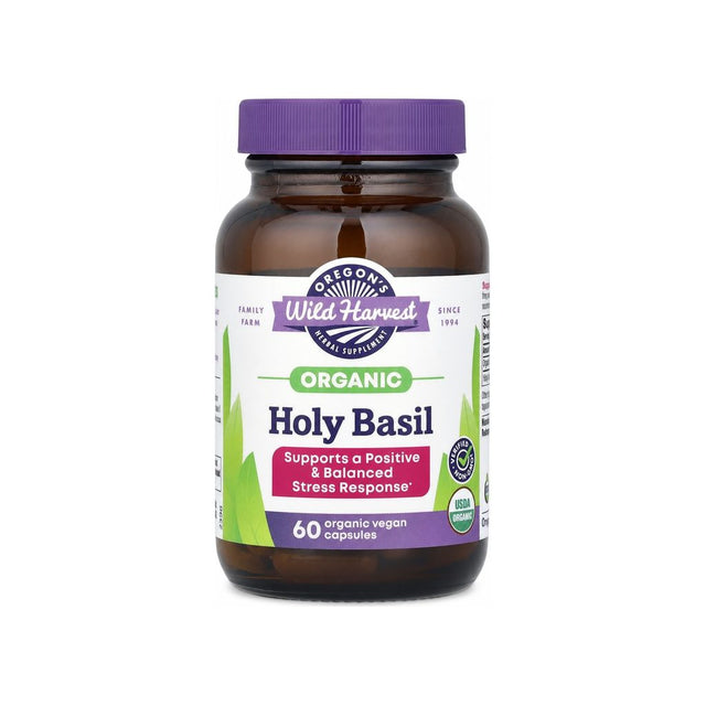 Oregon's Wild Harvest Holy Basil 60 capsules front bottle with organic vegan capsule label