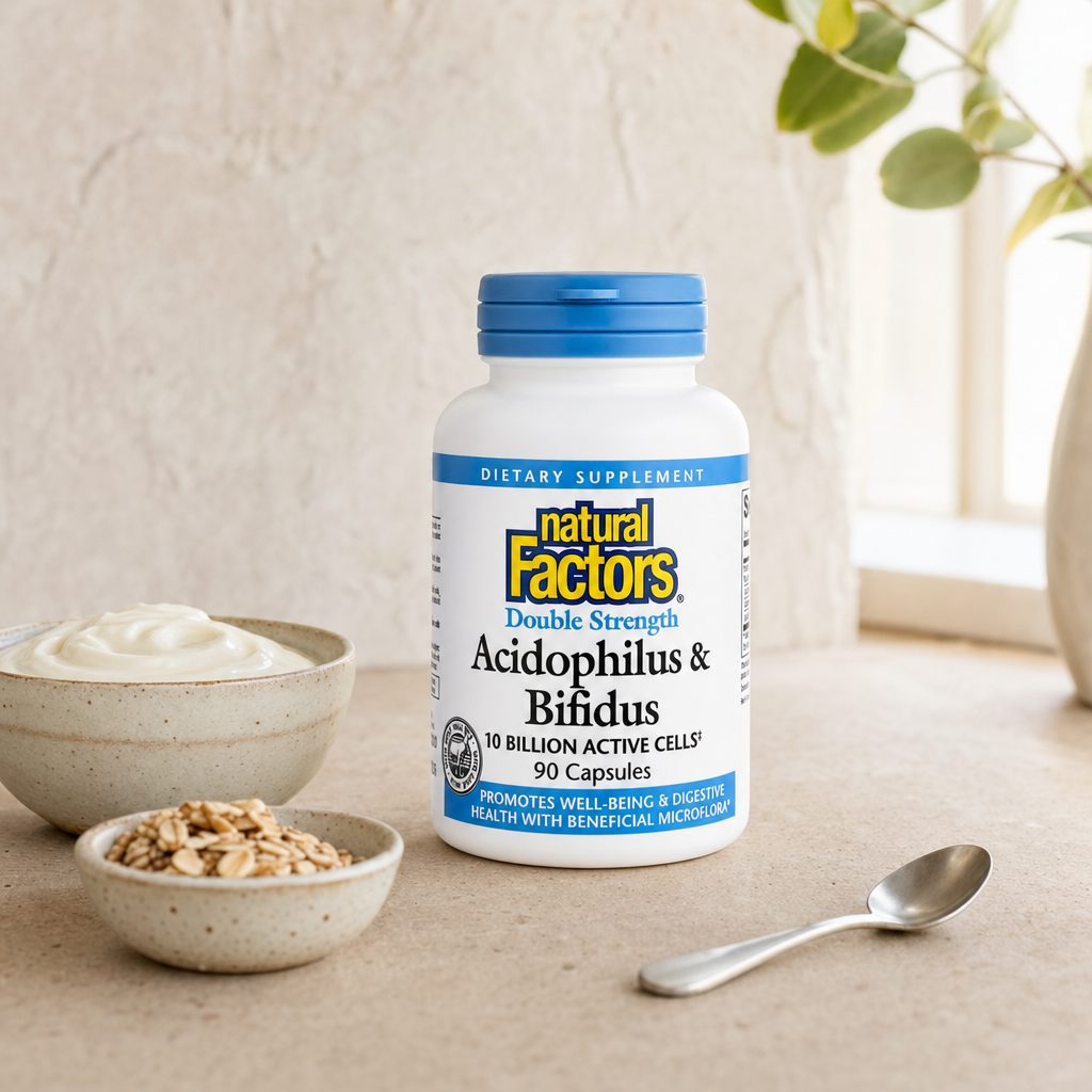 Natural Factors Acidophilus & Bifidus Double Strength 10 Billion capsules with a glass of water
