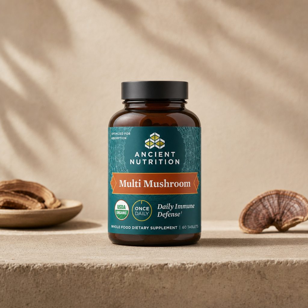 Ancient Nutrition Multi Mushroom Daily Immune Defense bottle with USDA Organic label callouts