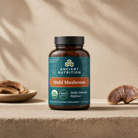 Ancient Nutrition Multi Mushroom Daily Immune Defense bottle with USDA Organic label callouts