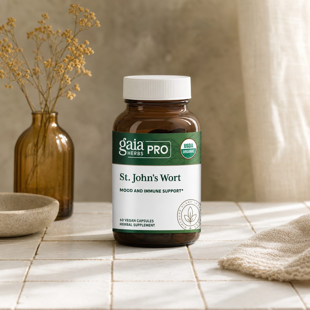 Gaia Herbs Professional St. John's Wort bottle on white background, 60 vegan capsules