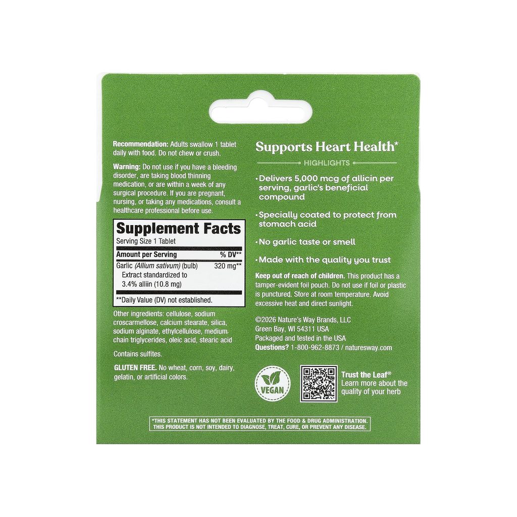 Nature's Way Garlinase 5000 supplement facts panel listing ingredients, dosage, and serving size