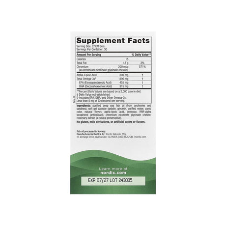 Nordic Naturals Blood Sugar Support supplement facts panel listing ingredients, dosage, and serving size