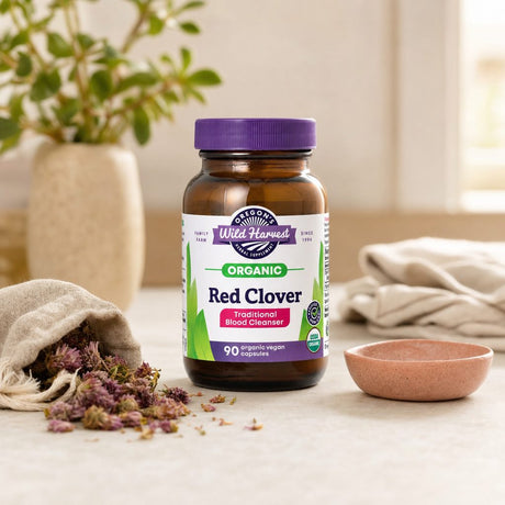 Oregon's Wild Harvest Red Clover 90 capsules side label with suggested use and cautions