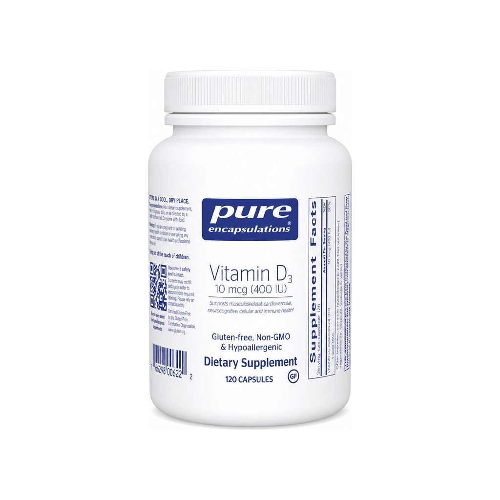 Pure Encapsulations Vitamin D3 400 IU 120 capsules front bottle label