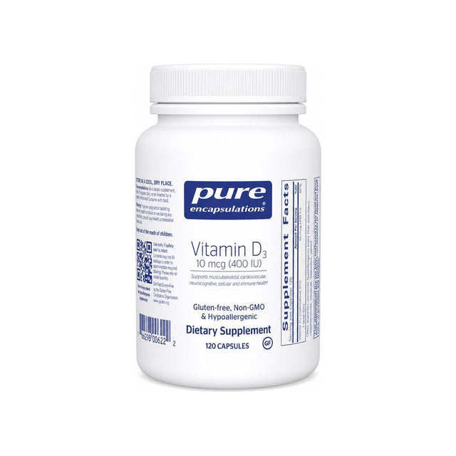 Pure Encapsulations Vitamin D3 400 IU 120 capsules front bottle label
