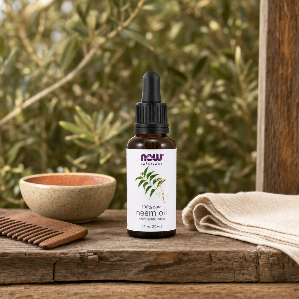 NOW Foods Neem Oil 1 fl oz bottle showing side label directions and cautions