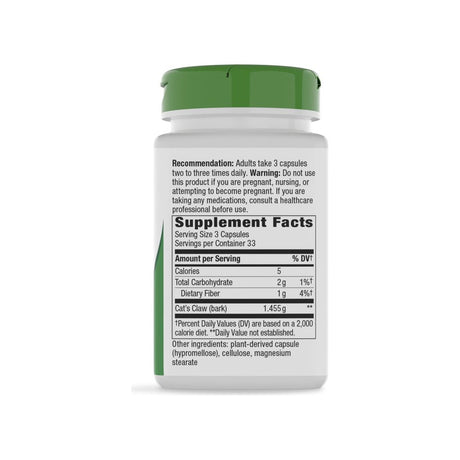 Nature's Way Cat's Claw Bark supplement facts panel listing ingredients, dosage, and serving size