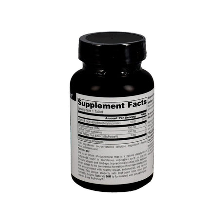 Source Naturals DIM 100mg supplement facts panel listing ingredients, dosage, and serving size