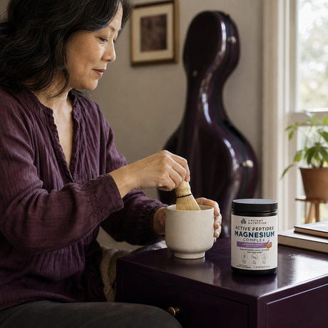 Ancient Nutrition Active Peptides Magnesium Powder Lavender Honey lifestyle display with a warm beverage