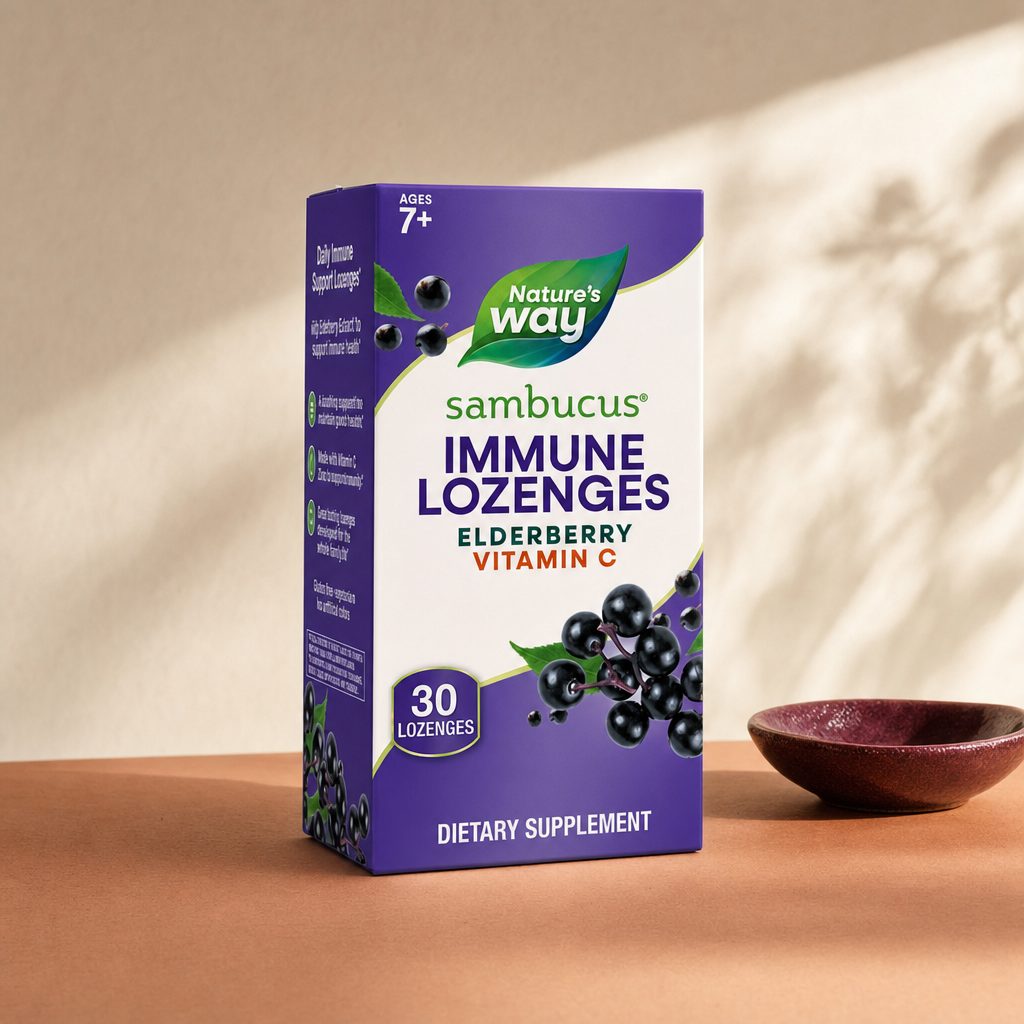 Nature's Way Sambucus Immune Lozenges bottle with elderberry and vitamin C details