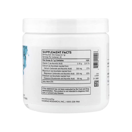 Thorne High Potency Vitamin C Powder supplement facts panel listing ingredients, dosage, and serving size